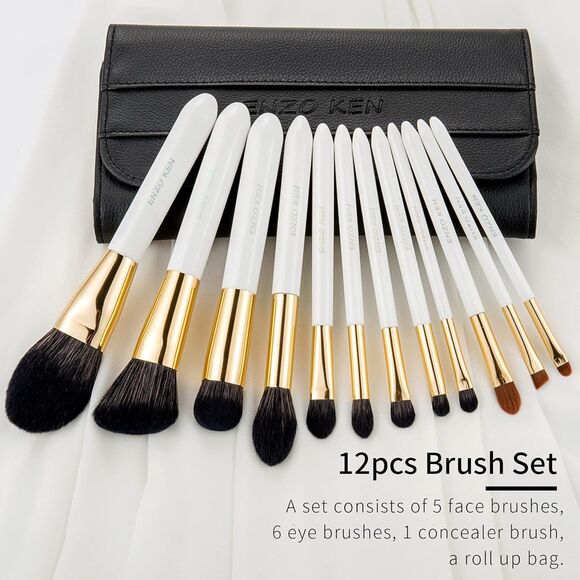 White Professional Natural Bristle Black Hair Makeup Brushes Set With Case - Picture 2 of 5